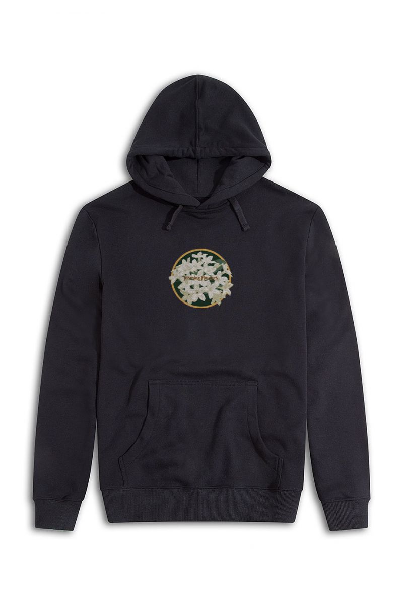 Black Premium Cotton Jasmine Flowers Design Pullover Hoodie
