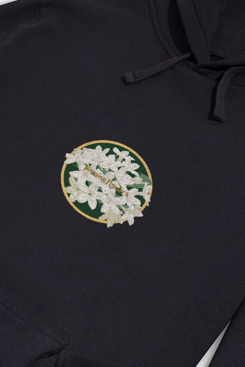 Black Premium Cotton Jasmine Flowers Design Pullover Hoodie