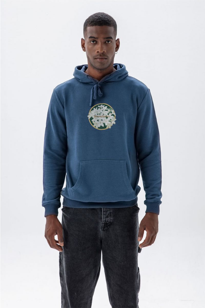 Navy Premium Cotton Jasmine Flowers Design Pullover Hoodie