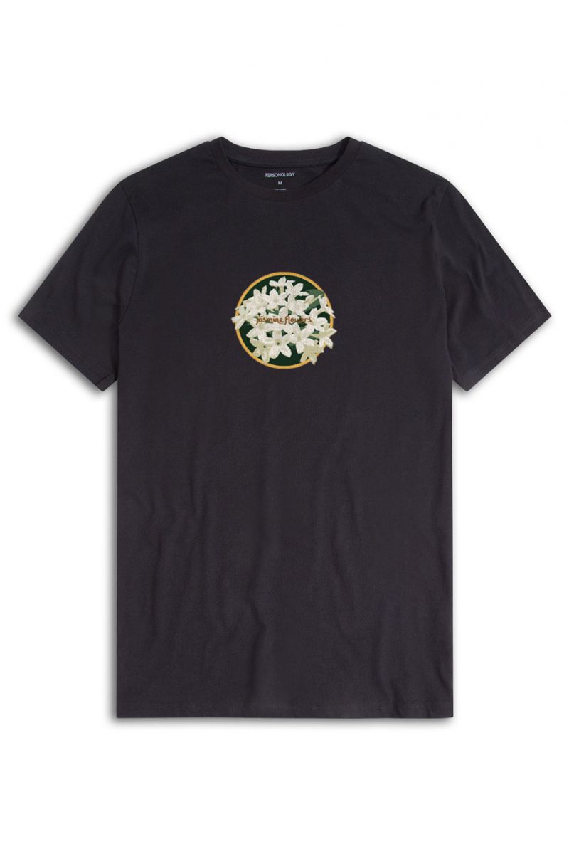 Black Soft Fabric Jasmine Flowers Design Short Sleeve Tee
