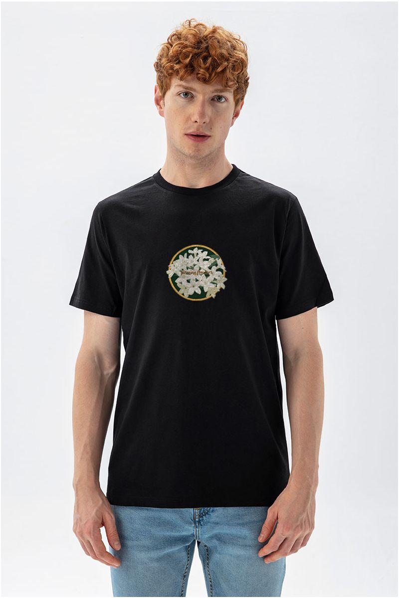 Black Soft Fabric Jasmine Flowers Design Short Sleeve Tee