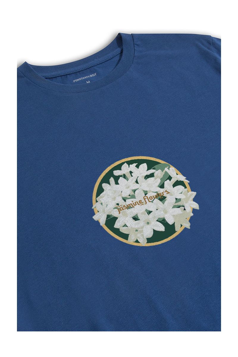 Navy Soft Fabric Jasmine Flowers Design Short Sleeve Tee