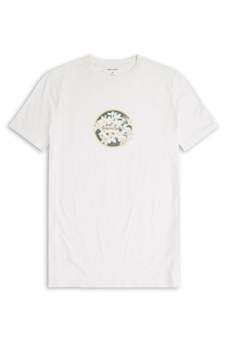 Off White Soft Fabric Jasmine Flowers Design Short Sleeve Tee