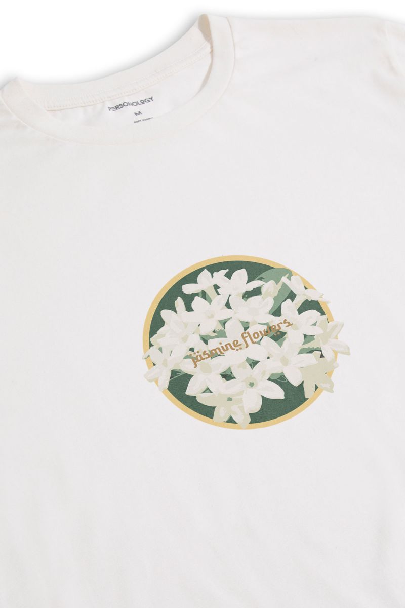 Off White Soft Fabric Jasmine Flowers Design Short Sleeve Tee