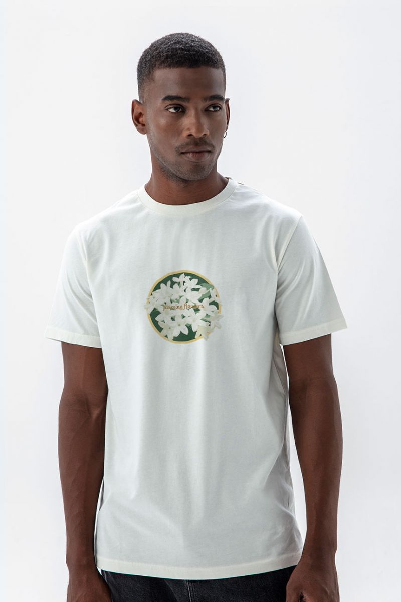 Off White Soft Fabric Jasmine Flowers Design Short Sleeve Tee