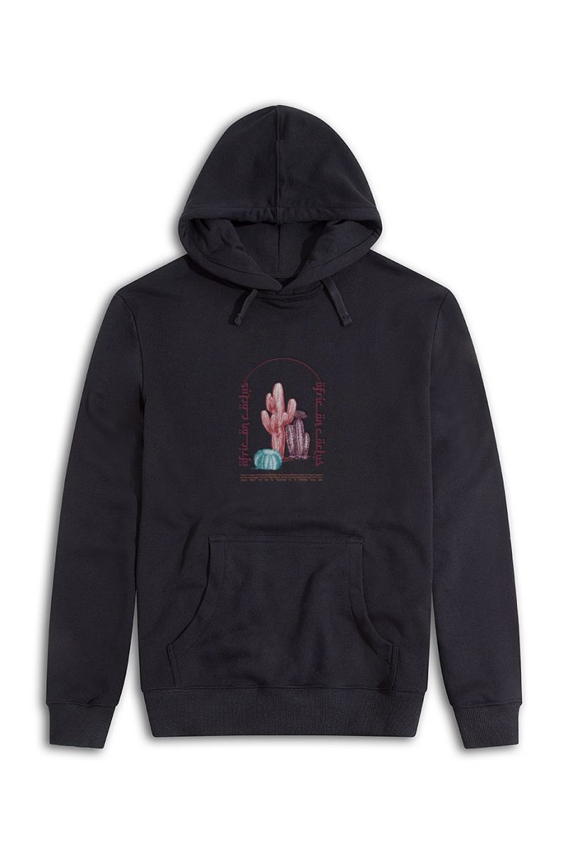 Black Premium Cotton African Cactus Design Pullover Hoodie