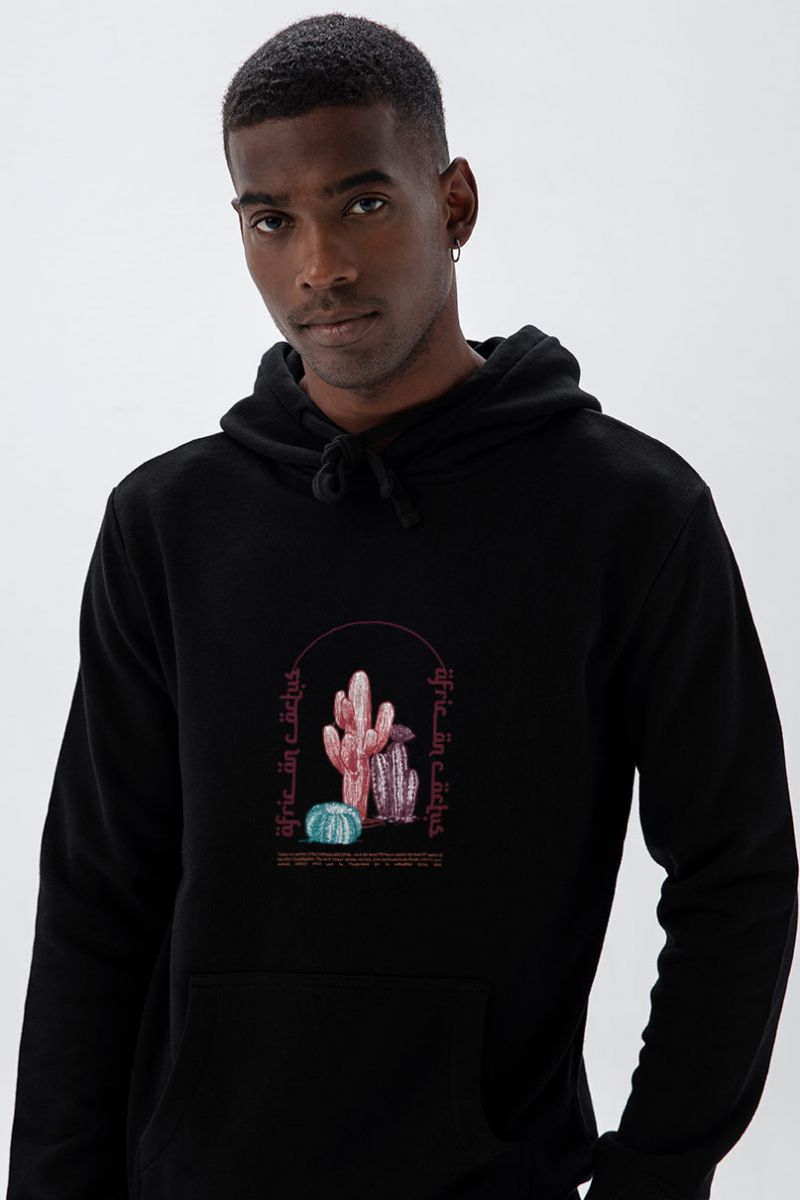 Black Premium Cotton African Cactus Design Pullover Hoodie