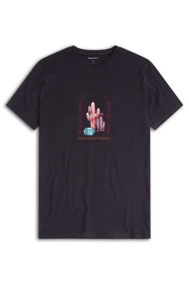 Black Soft Fabric African Cactus Design Short Sleeve Tee