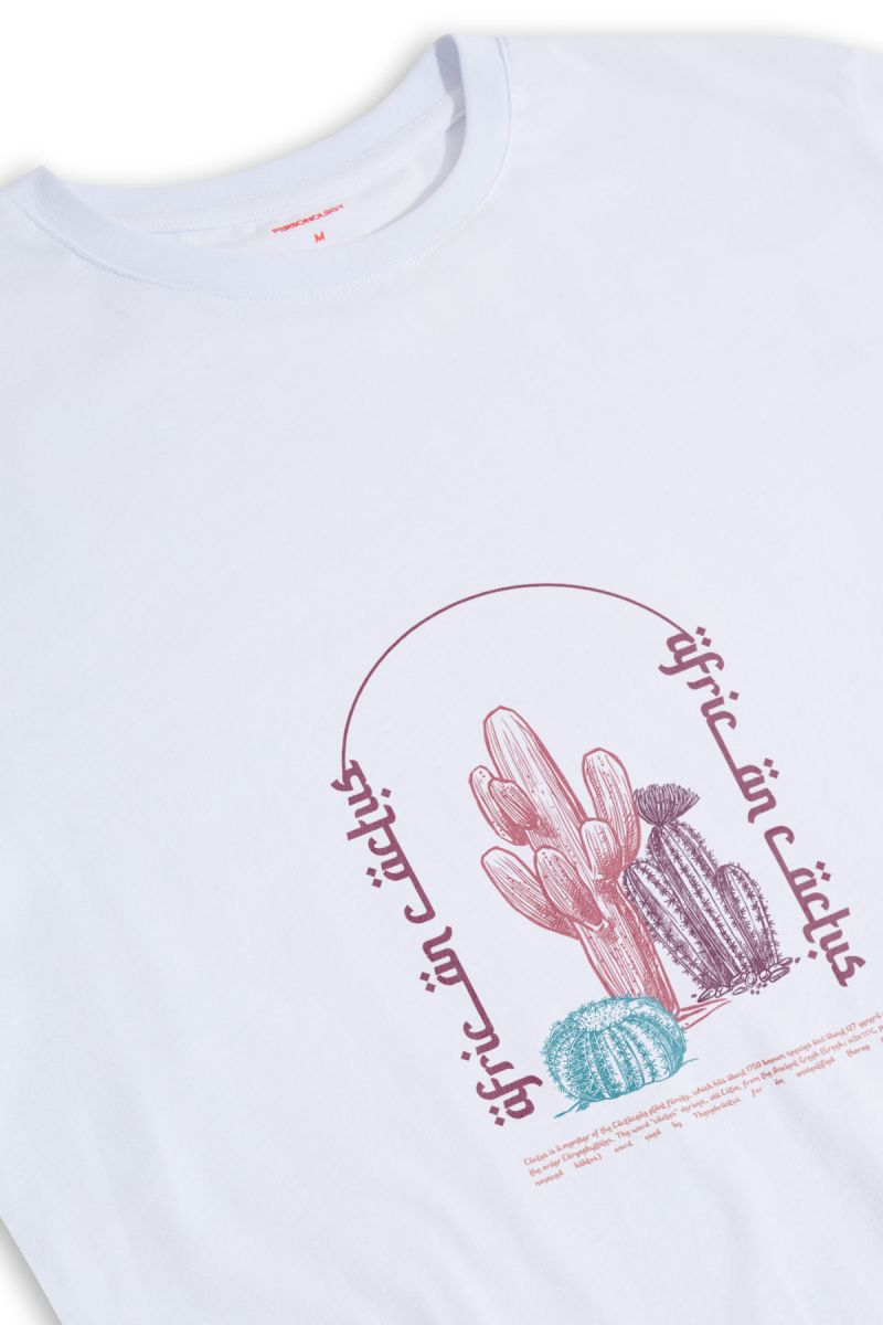 White Soft Fabric African Cactus Design Short Sleeve Tee