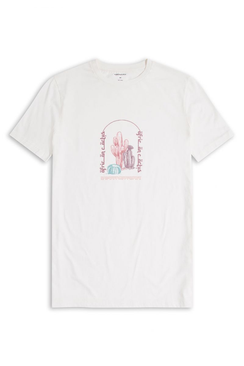 Off White Soft Fabric African Cactus Design Short Sleeve Tee